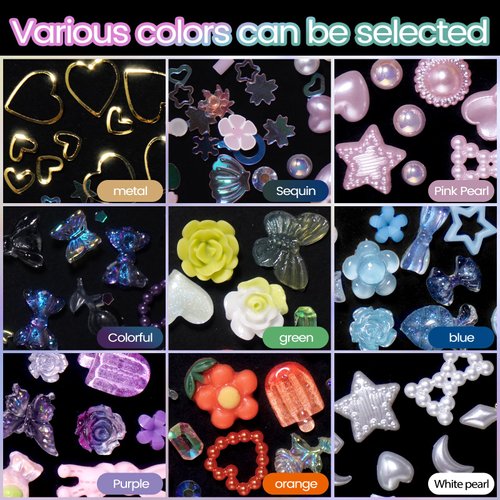 Mix 3D Assorted Color Nail Charms Multi Pink Blue Purple White Glitter Heart Flower Butterfly Bow Cute Nail Charms Hollow White Pearls Nail Charms for Acrylic Nail Art Manicure DIY Crafts Accessories