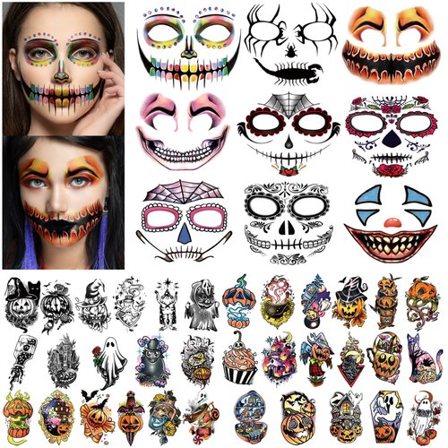 50 Sheets Halloween Temporary Tattoo, Halloween Face Zombie Prank Makeup Temporary Tattoos Fake Death Skull Skeleton Tatoos for Women Men, Pumpkin Ghost Fake Wound Scars for Boys and Girls