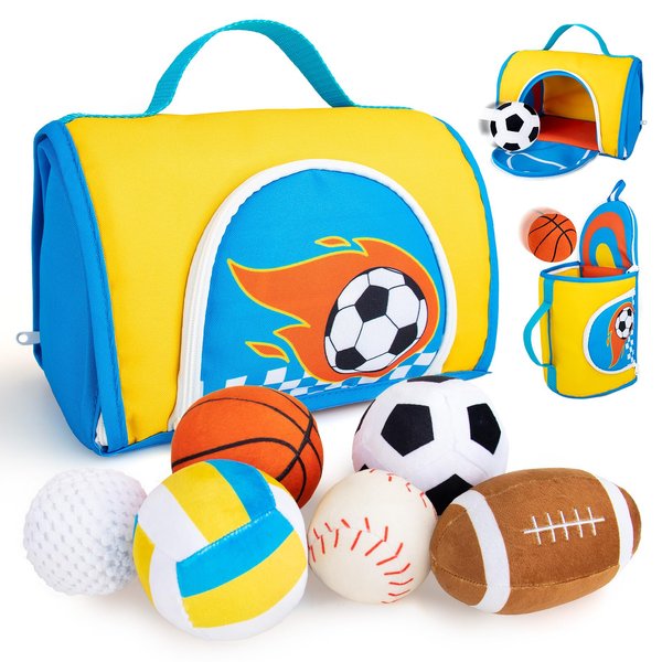 teytoy My First Sports Bag for Baby,Stuffed Plush Playset with Soft Basketball,Baseball,Football,Soccer,Golf Ball,Rugby,Volleyball Baby Birthday Gift Toys for 1 Year Old Boys Girls