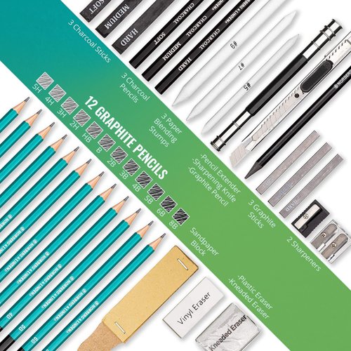 Norberg & Linden XL Drawing Set - Sketching, Graphite and Charcoal Pencils. Includes 100 Page Drawing Pad, Kneaded Eraser, Blending Stump. Art Kit and Supplies for Kids, Teens and Adults.