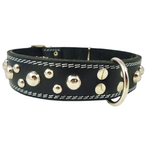 Genuine 1.6" Wide Thick Leather Studded Dog Collar Black. Fits 19"-23" Neck, Rottweiler, Pit Bull.