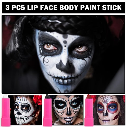 ZHISHUDL 3PCS White Black Red Body Face Paint Eye Black Stick Professional Football Baseball Softball Matte Lipstick Face Painting Kit for Halloween Costume Clown Makeup