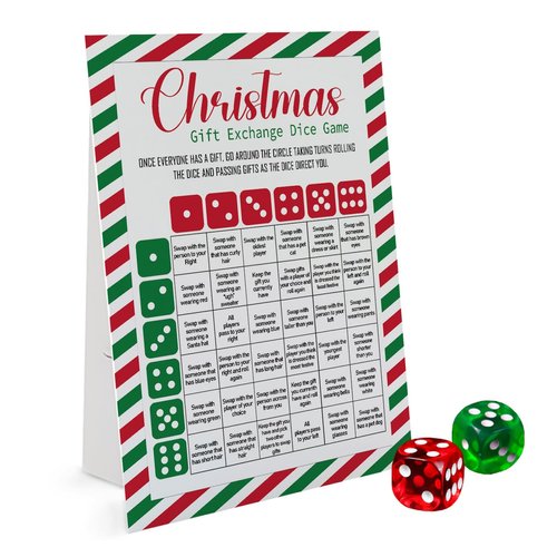 Exchange Dice Game, One Instruction Standing Sign with 2 Dice, Christmas Group Party Game, Xmas Gift Swap Game-SDGE01