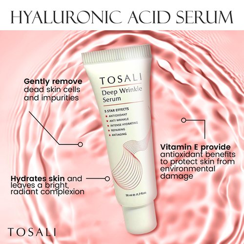 Tosali Deep Wrinkle Serum 1.7 fl oz - Anti Aging Hyaluronic Acid Serum for Face with Vitamin C, Panthenol & Zinc, Hydrating Serum for Face, Smooths Skin Texture, Reduces Wrinkles, Plumps Fine Lines