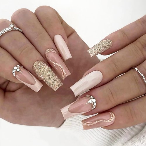 Stbisen Press-on Nails, Medium Length Coffin Glue-on Fake Nails with Radiant Glittering Gold Design, False Nails Kit, Full Cover Glamorous Fake Nails, Perfect Fit and Reusable, 24 Pcs in 12 Sizes