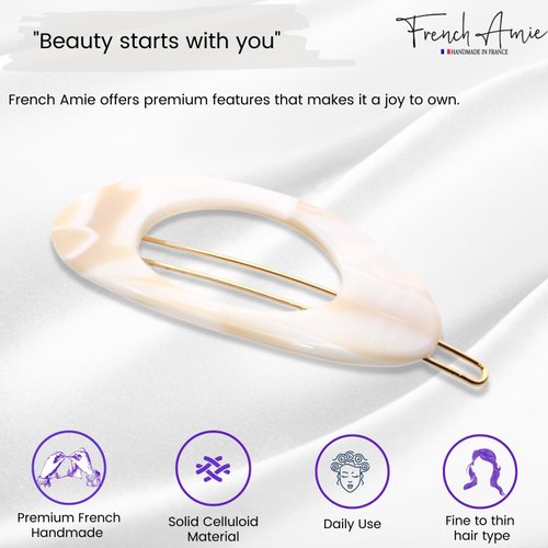 French Amie Oval Small 2 1/4” Celluloid Acetate Side Slide In Strong Hold Hair Clip Barrettes with Tige Boule Clasp for Girls and Women, Made in France (Ivory)