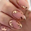 Gold Leaf Press on Nails Short Oval Fake Nails Golden False Nail Tips with Leaf Designs Full Cover Glue on Nails French Acrylic Nails Short Stick on Artificial Nails for Women Girls, 24Pcs