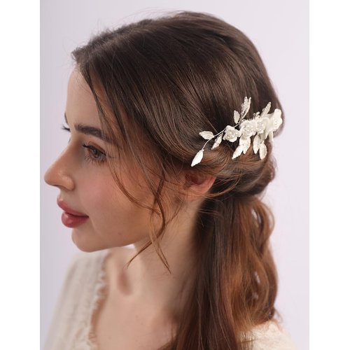 Rumtock White Flower with Silver Leaf Pearl Hair Comb for Women Wedding Bridal Handmade Small Side Headpiece