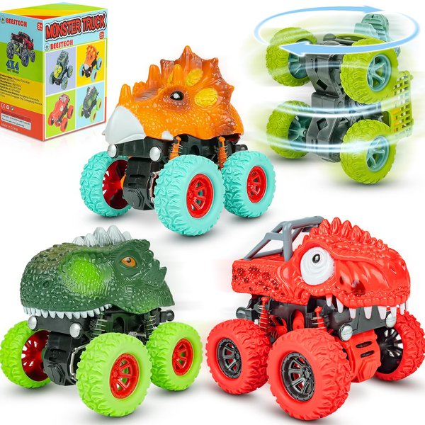 Beestech Dinosaur Toys for 2 3 4 5 Year Old Boys, Push & Pull Friction Powered Dinosaur Monster Truck Vehicles for Toddlers Preschoolers Birthday Gifts