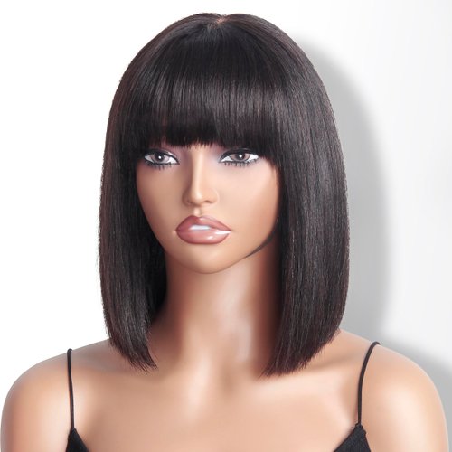 NOFEPR Bob Wig With Bangs Human Hair, 2x1 HD Lace Glueless 180 Density 12inch Short Black Bob Wigs Light Yaki Straight 100% Brazilian Wear And Go Wigs for Wome Daily Use