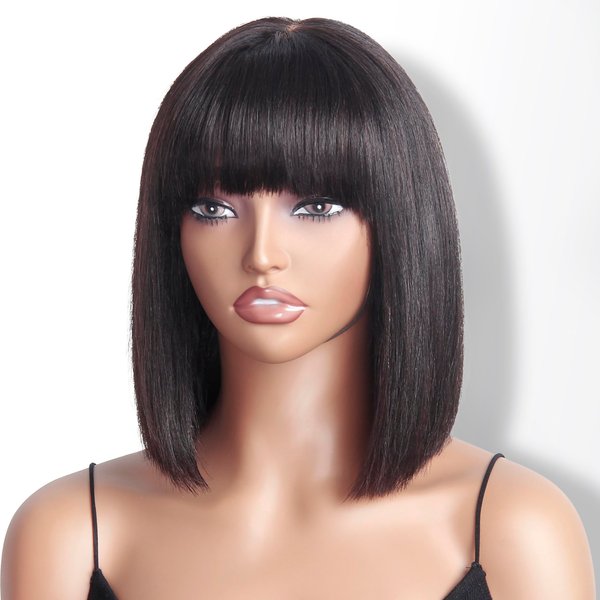 NOFEPR Bob Wig With Bangs Human Hair, 2x1 HD Lace Glueless 180 Density 12inch Short Black Bob Wigs Light Yaki Straight 100% Brazilian Wear And Go Wigs for Wome Daily Use