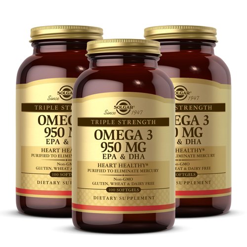Solgar Triple Strength Omega 3 950 mg - 100 Softgels, Pack of 3 - Supports Joint & Skin Health - Non-GMO, Gluten Free, Dairy Free - 300 Total Servings