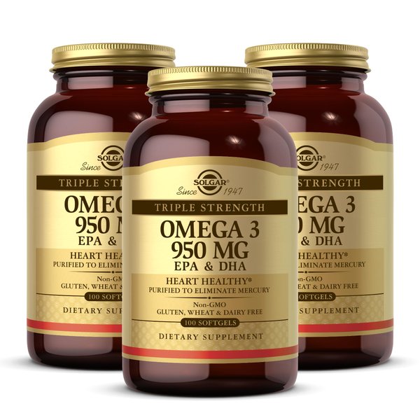 Solgar Triple Strength Omega 3 950 mg - 100 Softgels, Pack of 3 - Supports Joint & Skin Health - Non-GMO, Gluten Free, Dairy Free - 300 Total Servings