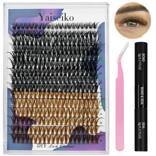 DIY Lash Extension Kit 300Pcs 8-16mm Cluster Lashes Kit Natural Wispy Black with Brown D Curl False Cluster Lashes 40D Individual Eyelash Extension Kit with Bond and Seal Lash Glue and Lash Clusters