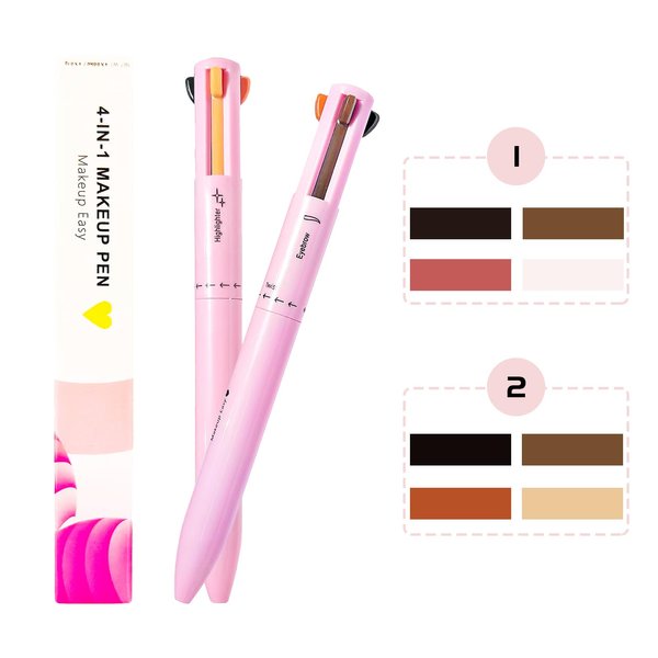 BeauFairy 4 in 1 Makeup Pen, 2 PCS, Eye Liner, Brow Liner, Lip Liner, Highlighter Pen, All in One Waterproof Long-Lasting Multi-function Beauty Pencil, Facial Easy Carry Cosmetic for Wedding (Pink)