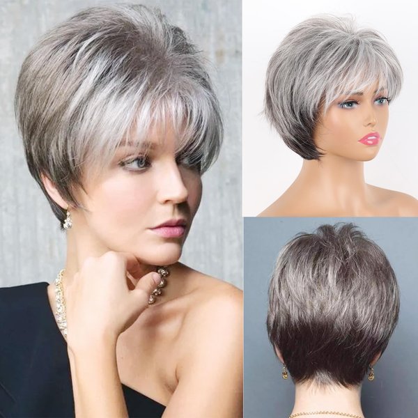 Mayouda Short Grey Straight Layered Hair Wig With Bangs for Women Short Silver Layered Pixie Cut Grey Layered Wigs with Elegant For Old Lady Wig (7296-Mix Grey)