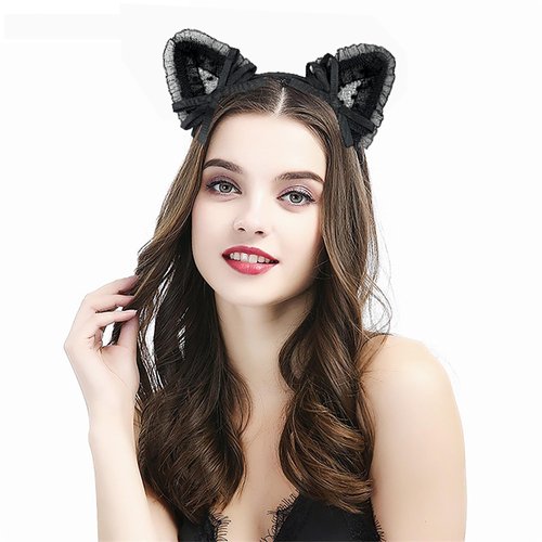 XXFBJNMD Black Lace Cat Ears Headband Black Polka Dot Cat Ears Hairband Women's Fashion Hairband Halloween Costume Accessories for Girls and Ladies(Bow Lace)