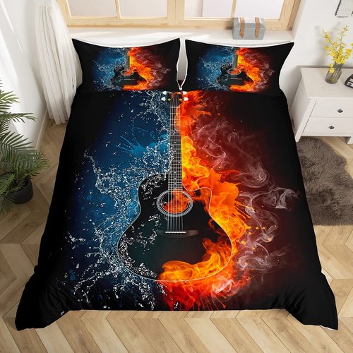 Feelyou Kids Duvet Cover Set Twin Size 3D Print Bedding Set Decorative Music Themed Guitar Microfiber Polyester Comforter Cover with 1 Pillow Shams, Zipper Closure, Colorful 2 Pieces
