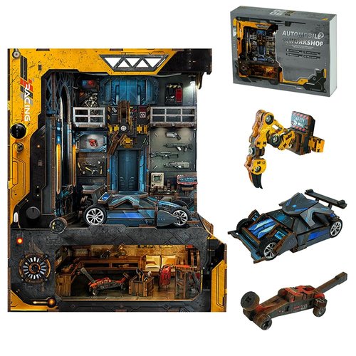 Strucwood Book Nook Kit - 3D Wooden Puzzle Miniature Car Workshop with LED Lights, Doll House for Car Lovers,Ideal for Bookshelf Decor and Christmas Crafts for Adults and Teens(Automobile Workshop)