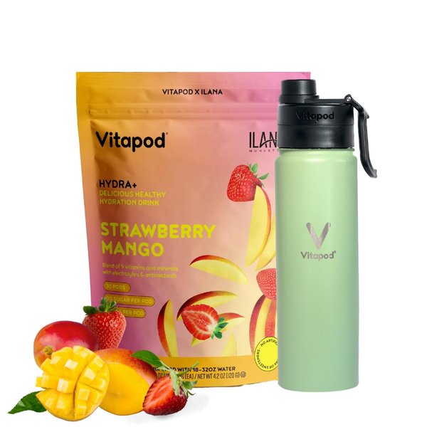 Vitapod x Ilana Muhlstein Hydra+ Strawberry Mango Flavored Water Enhancer Pods Starter Bundle, Sugar Free, Vitamin C, Vitamin D, Zinc, 30 Pods, 22 oz Stainless Steel Water Bottle, Sage Green