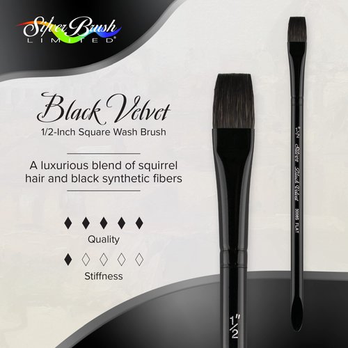 Silver Brush Limited 3008S1/2in Black Velvet Square Wash Watercolor Paint Brush, Size 1/2 Inch, Short Handle