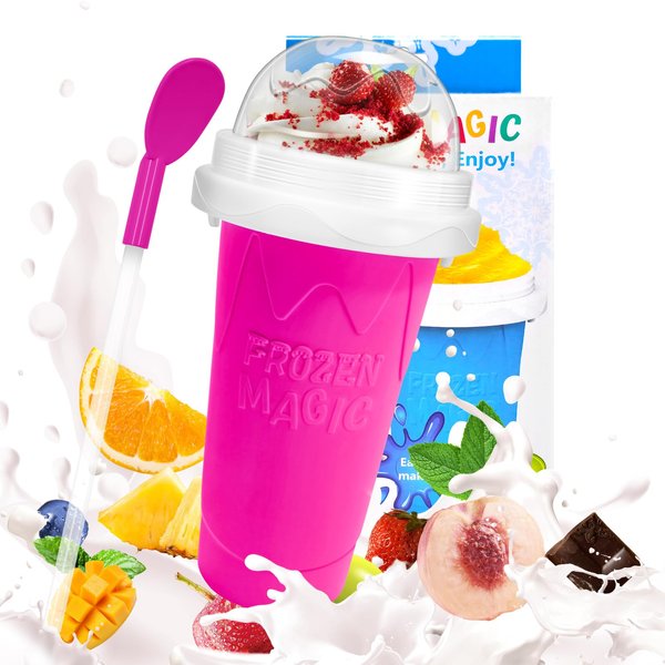 Slushy Maker Cup, DIY Magic Slushy Maker Squeeze Cup, Portable Smoothie Squeeze Cup for Juices, Milk and Ice Cream Make, Double Layers Silica Cup with Lid & Straw for Kids, Friends, Family (Pink)