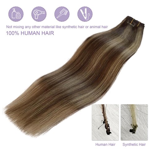 Hair Extensions Clip in Human Hair, Clip in Extensions, Blonde Highlighted Human Hair Straight 7 Pieces 16 Inch 70g Invisible Silky Clips Clip on Extension