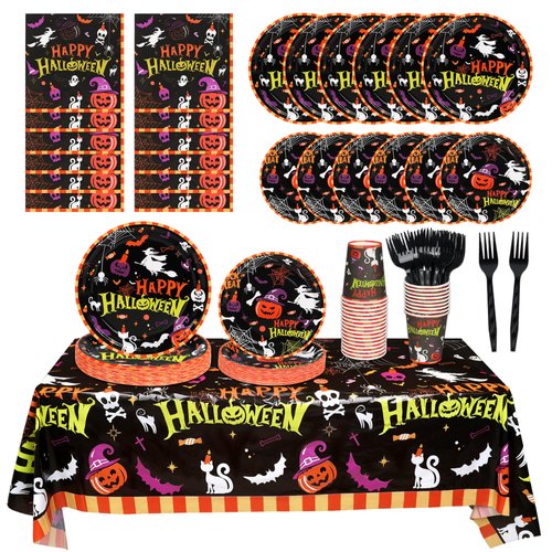 121Pcs Halloween Party Supplies Serves 24 Happy Halloween Pumpkin Witch Spider Web Bat Tableware Set with 1 Tablecloth, 7" Plates, 9" Plates, Napkins, Cups & Forks for Halloween Party Decorations