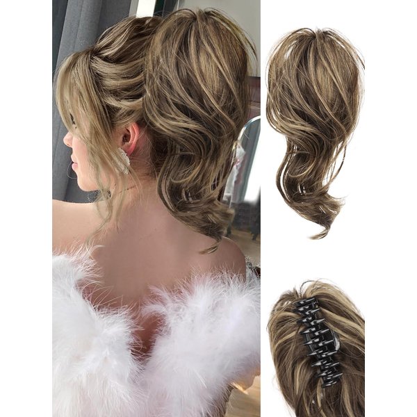 KooKaStyle claw clip in ponytail extensions 10" short fake ponytail natural synthetic hairpieces light brown mix caramel blonde for women daily use