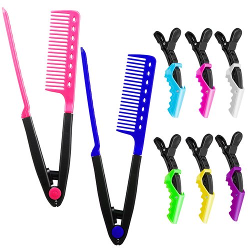 2 Pieces Straightening Comb for Hair with 6 Pieces Crocodile Hair Clips, Flat Iron Comb Salon V Shaped Straight Comb Straightener Comb Styling Comb for Unkempt Knotty Hair