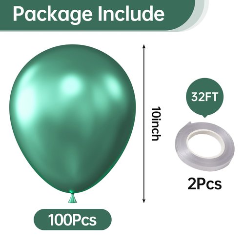 KALOR 10 Inch Metallic Green Balloons, 100 Pcs Latex Helium Metallic Balloons for Kid's Birthday Party Baby Shower Wedding Graduation Graduation Party Decorations