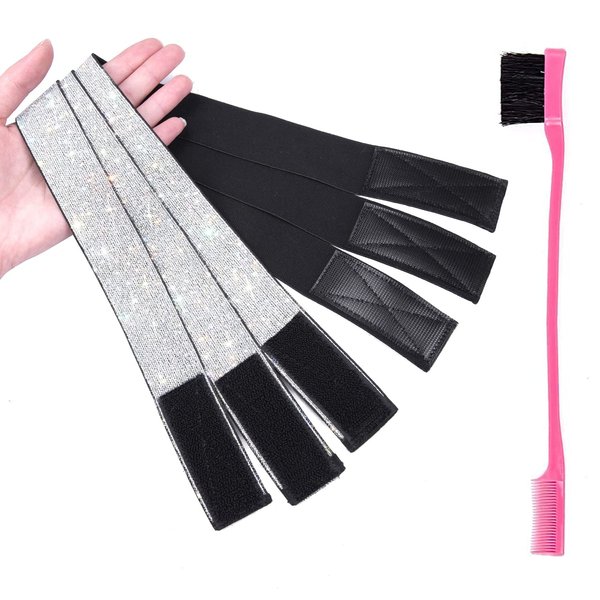 AliLeader 3Pcs Elastic Bands for Wig Edges and Baby Hair, for Frontals Lace Melting, with Hair Brush, Laying Bands (4Pcs/Pack, Silver)