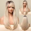 Honygebia Long Blonde Wig with Bangs - Ombre Dark Root Blonde Wigs for White Women, Striaght Wavy Synthetic Heat Resistant Hair, Natural Cute Wigs for Thanksgiving/Christmas/Cosplay/Party