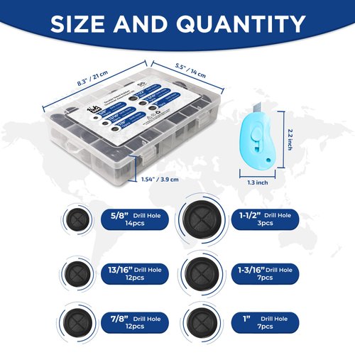 55Pcs Rubber Grommets for Wiring - Double-Sided Rubber Grommet Kit in 6 Assorted Sizes 5/8",13/16",7/8",1",1-3/16",1-1/2"- Ideal Solution for Wire Protection (Black)
