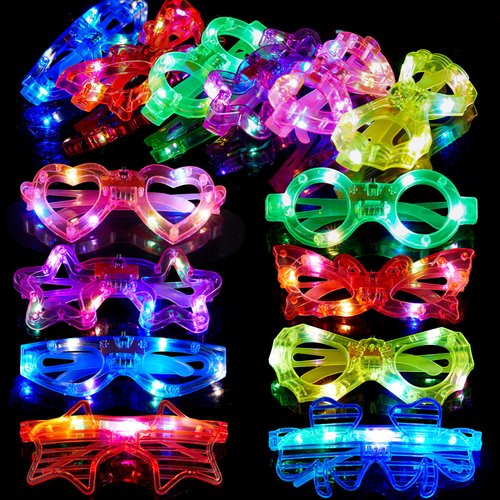 Mikulala 24 Packs Christmas Party Favors LED Glasses for kids Glow in the dark Party Supplies, 8 Shapes Light up Glasses New Year Eve Party Supplies