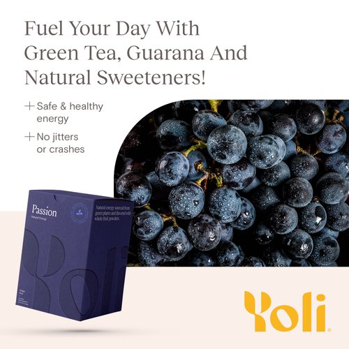 Yoli® Passion Energy Drink Powder Mix - Natural Energy Drink Mix for Endurance and Stamina, 30 Packets - Grape Acai Flavor
