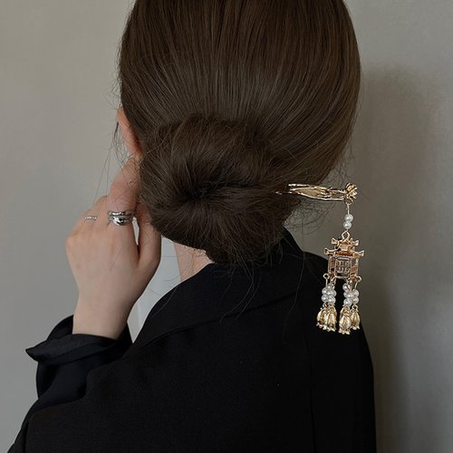 Chinese Ancient Style Lantern Hair Stick Pearl Pendant Hairpin Metal Headdress Aaccessories-No Light