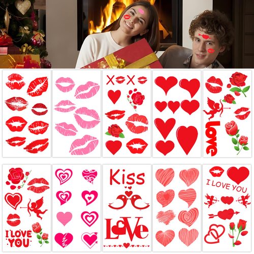 Valentines Temporary Tattoo Stickers Red Lips Heart Love Rose Fake Tattoo Stickers Angel Arrow Line Hearts Tattoo Stickers for Women Valentines Decoration 10 Sheets
