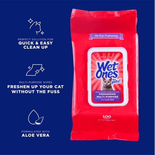 Wet Ones for Pets Freshening Multipurpose Wipes for Cats with Aloe Vera | Easy to Use Cat Cleaning Wipes, Freshening Cat Grooming Wipes for Pet Grooming in Fresh Scent| 100 ct Pouch Cat Wipes