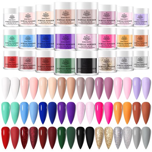 BORN PRETTY Acrylic Nail Kit with Everything ,97PCs Acrylic Powder and Liquid Monomer Set with 24Colors Glitters Acrylic Nail Brush Nail Tips Nail Primer Nail Art Supplies for Extension Gift