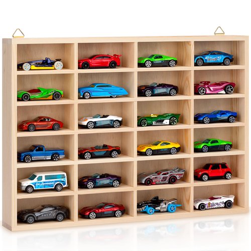 Stylish Wood Toy Cars Display Case with Removable Shelves, Wall-Mountable Organizer for Toy Cars and Matchbox Cars, Includes Hanging Screws (Wood-24 Slots)