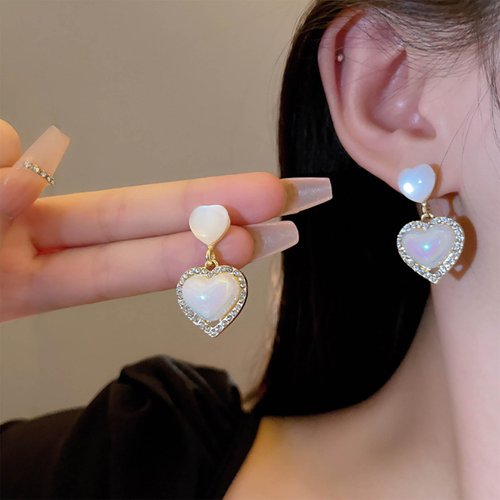 Sttiafay Vintage Rhinestone Heart Drop Earrings Opal Heart Stud Earrings Moonstone Heart Earrings Gold Crystal Heart Dangle Earrings Jewelry for Women