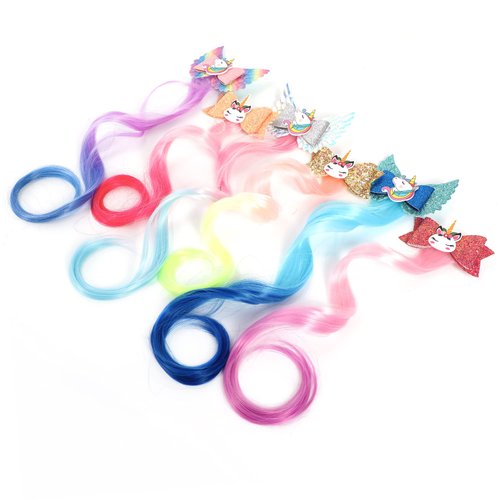 Xuxisowo 6-Colors Unicorn Hair Bows Clips Hair Accessories For Girls Kids Glitter Braided Curly Gradient Color Wig Hair Extensions（6PCS)