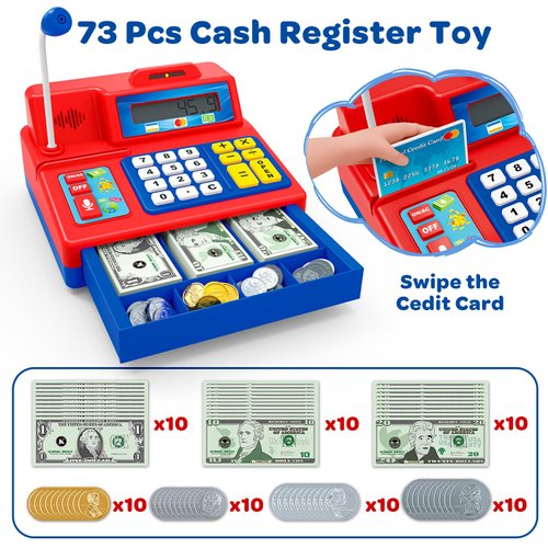 Pretend Play Calculator Cash Register Toy Gift for Kids Age 3, 4, 5, 6, 7, 8+ Year Old, 73 Pcs Grocery Store Playset with Microphone, Credit Card, Play Cash Register for Toddlers Kids 4-8