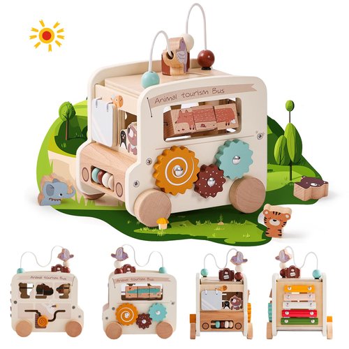 Wooden Activity Cube 8-in-1 Montessori Toys | Multifunctional Early Educational Learning Toys | Activity Cube for Baby Shape Sorter Xylophone Animal Travel Bus Toys Boy Girl Birthday Gift（Beige Bus）