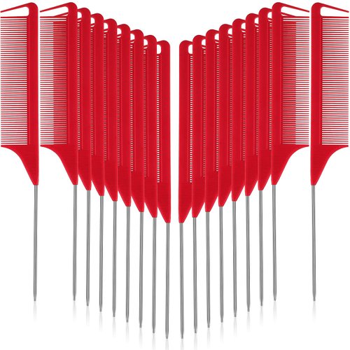 Patelai 12 Pcs Parting Comb for Braids Bulk, Rat Tail Comb for Parting Stainless Steel Pintail Comb Teasing Combs Braiding Comb Pressing Comb for Hair Styling Hairdressing Hair Salon Home(Red)