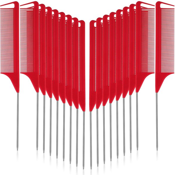 Patelai 12 Pcs Parting Comb for Braids Bulk, Rat Tail Comb for Parting Stainless Steel Pintail Comb Teasing Combs Braiding Comb Pressing Comb for Hair Styling Hairdressing Hair Salon Home(Red)