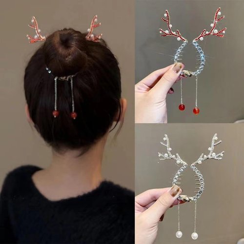 2Pcs Christmas Hair Clips Reindeer Ponytail Bun Holder with Rhinestones Design Cute Red White Reindeer Hair Claw Clip Xmas Hair Jaw Clips Barrettes for High Ponytail Christmas Hair Accessories