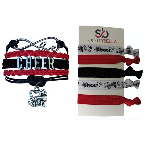 Cheer Hair Ties and Cheer Charm Bracelet Set (Red Black Cheer) - a Combination of Cheerleading Hair Accessories for Girls and Adjustable Bracelets for Teen Girls with Cheer Charm - by SPORTYBELLA