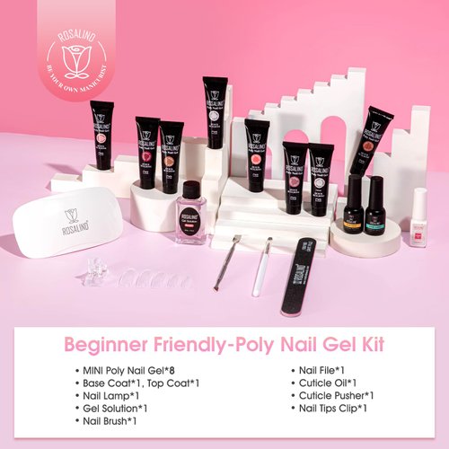 ROSALIND Poly Nail Gel Kit -8 Colors + White Brown Nail Art Accessories kit Clear Nude Poly Nails Gel Kit Starter Kit With Slip Solution Nude Pink Nail Extensions Gel Set with Mini UV Lamp